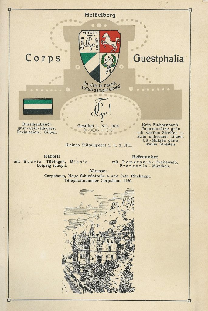 Wappen, Farben und Corpshaus der Guestphalia Heidelberg (Quelle: Der Kösener S.C. Handbuch für deutsche Corps-Studenten. 2. Auflage, Würzburg 1912)
