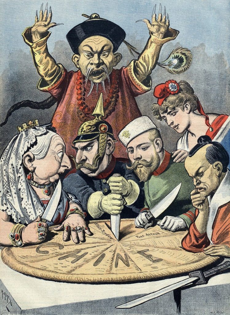 Großbritannien, Deutschland, Russland, Frankreich und Japan teilen den „chinesischen Kuchen” untereinander auf Französische Karikatur aus den 1890er-Jahren (Quelle: Henri Meyer, Public domain, via Wikimedia Commons)
